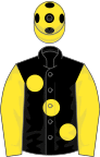 Black, large Yellow spots and sleeves, Yellow cap, Black spots