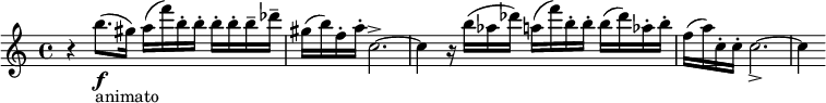 \relative c'' { \clef treble \time 4/4 \key c \major r4 b'8.(\f_"animato" gis16) a( f') b,-. b-. b-. b-. b-- des-- | gis,( b) f-. a-. c,2.->~ | c4 r16 b'( aes des) a( f') b,-. b-. b( des) aes-. b-. | f( a) c,-. c-. c2._>~ | c4 }