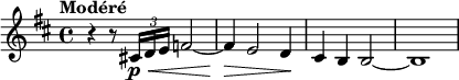  { \set Staff.midiInstrument = #"english horn" \relative c' { \set Score.currentBarNumber = #5 \key d\major \time 4/4 \tempo Modéré \override DynamicLineSpanner.staff-padding = #2 r4 r8 \tuplet 3/2 { cis!16\p\< d e } f2~ f4\> e2 d4\! cis4 b b2~ b1 } } 