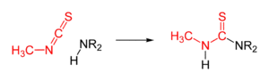 Reaction scheme: MITC and secondary amine react to form a thiourea