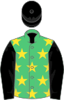 Emerald green, yellow stars, black sleeves and cap