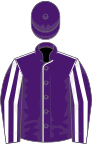 Purple, white seams, striped sleeves, purple cap