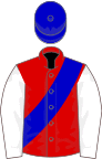Red, blue sash, white sleeves, blue cap