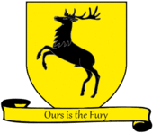 A coat of arms showing a black stag on a yellow field.