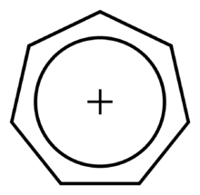 a regular heptagon enclosing a smaller, concentric circle, with a plus sign in the middle