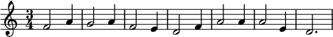 \relative c'{\set Staff.midiInstrument = #"electric piano 2" \once \hide Score.MetronomeMark \tempo 4 = 85 \time 3/4 f2 a4 g2 a4 f2 e4 d2 f4 a2 a4 a2 e4 d2.}