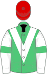 Emerald green, white chevron, white sleeves, emerald green armlets, red cap
