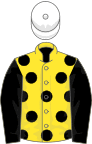 Yellow, black spots and sleeves, white cap
