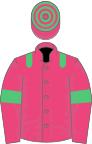 Pink, green shoulders, pink sleeves, green armlets, pink cap, green hooped