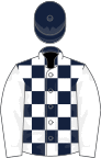 Dark blue and white check, white sleeves, dark blue cap