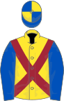 Yellow, maroon cross belts, royal blue sleeves, royal blue and yellow quartered cap