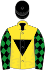 Yellow, black inverted triangle, black sleeves, green diamonds, black cap