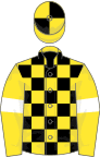 Yellow and black check, yellow sleeves, white armlets, yellow and black quartered cap