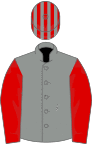 Grey, red sleeves, striped cap