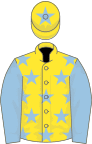 Yellow, light blue stars and sleeves, yellow cap, light blue star