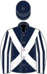 Dark blue, white cross belts, white and dark blue striped sleeves