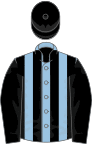 Light blue and black stripes, black sleeves and cap