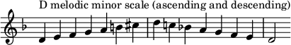  { \override Score.TimeSignature #'stencil = ##f \relative c' { \clef treble \key d \minor \time 7/4 d4^\markup "D melodic minor scale (ascending and descending)" e f g a b cis d c! bes! a g f e d2 } } 