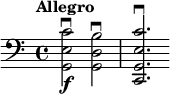  \relative c { \time 4/4 \clef bass \tempo "Allegro" <g e' c'>2 \f \downbow <g d' b'> \downbow <c, g' e' c'>2. \downbow } 