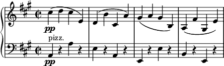  { \new PianoStaff << \new Staff \relative cis'' { \set Staff.midiInstrument = #"piano" \key a \major \clef treble \time 2/2 \set Score.tempoHideNote = ##t \tempo 2 = 90 cis4 \pp ( d4 cis4 e,4 ) | % 2 d4 ( b'4 cis,4 a'4 ) | % 3 gis4 ( a4 gis4 b,4 ) | % 4 a4 ( fis'4 gis,4 e'4 ) } \new Staff \relative a, { \set Staff.midiInstrument = #"piano" \key a \major \clef bass \time 2/2 a4 \pp ^"pizz." r4 a'4 r4 | % 2 e4 r4 a,4 r4 | % 3 e4 r4 e'4 r4 | % 4 b4 r4 e,4 r4 } >> } 