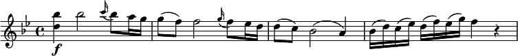  \relative c''' { \set Score.tempoHideNote = ##t \tempo 4 = 132 \key bes \major \tempo "Allegro moderato" <bes d,>4\f bes2 \grace c16( bes8) a16 g | g8( f) f2 \grace g16( f8) es16 d | d8( c) bes2( a4) | bes16(d) c(es) d(f) es(g) f4 r } 