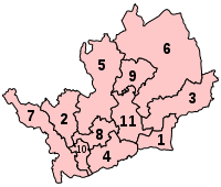 A map of a county, divided into eleven constituencies