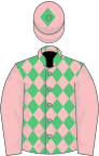 Emerald green and pink diamonds, pink sleeves, pink cap, emerald green diamond