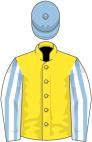 Yellow, white and light blue striped sleeves, light blue cap