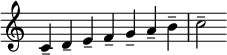  { \override Score.TimeSignature #'stencil = ##f \relative c' { \clef treble \key c \major \time 7/4 c4-- d-- e-- f-- g-- a-- b-- c2-- } }