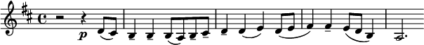 \relative c' {\key b \minor r2 r4\p d8( cis) b4_- b_- b8( a) b_- cis_- d4_- d( e) d8( e fis4) fis_- e8( d b4) a2.}