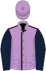 Mauve, black seams, dark blue sleeves, mauve cap