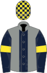 Grey, dark blue stripe, dark blue sleeves, yellow armlets, check cap