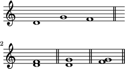 \layout { line-width = 60\mm indent = 0\mm } \relative c''{ \clef treble \time 3/1 \hide Staff.TimeSignature d,1 g f \bar "||" \break \time 1/1 <d f> \bar "||" <d g> \bar "||" <f g> \bar "||" }