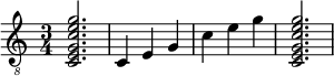  { \clef "treble_8" \time 3/4 <c e g c' e' g'>2. <c >4 <e >4 <g >4 <c' >4 <e' >4 <g' >4 <c e g c' e' g'>2. } 