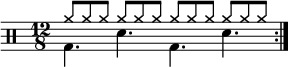  \new Staff << \new voice \relative c' { \clef percussion \numericTimeSignature \time 12/8 \set Score.tempoHideNote = ##t \tempo 4. = 80 \stemDown \repeat volta 2 { g4. d' g, d' } } \new voice \relative c'' { \override NoteHead.style = #'cross \stemUp \repeat volta 2 { a8 a a a a a a a a a a a } } >>