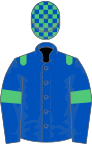 Royal blue, emerald green epaulettes, emerald green armlet, check cap