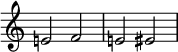  { \new Staff \with { \remove "Time_signature_engraver" } \relative c' {e!2 f e! eis} } 