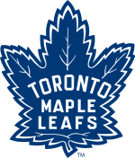 Old logo for the Maple Leaf, featuring a blue maple leaf stylized with leaf veins on its edges, with white lettering Toronto Maple Leaf placed within the Maple Leaf.