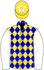 Yellow and blue diamonds, white sleeves, yellow cap, white star