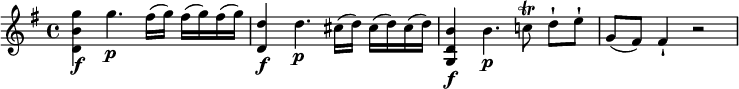  \relative c''' { \set Staff.midiInstrument = #"violin" \key g \major <g b, d,>4\f g4.\p fis16(g) fis(g) fis(g) | <d d,>4\f d4.\p cis16(d) cis(d) cis(d) | <b d, g,>4\f b4.\p c!8\trill d-![ e-!] | g,(fis) fis4-! r2 } 