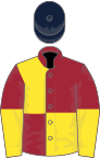 Maroon and yellow (quartered), halved sleeves, dark blue cap