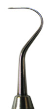 Curved tip of a small metal probe, tapering to a point.