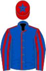 Royal blue, red seams, striped sleeves, red cap, royal blue star
