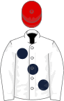 White, large dark blue spots, red cap
