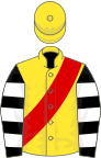 Yellow, red sash, black and white hooped sleeves, yellow cap