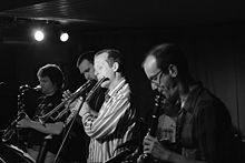 Skerik's Syncopated Taint Septet, Portland, Oregon, June 25, 2005. Viewed left to right: Skerik, Dave Carter, Hans Teuber, Craig Flory