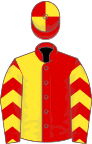 Red and yellow halved, chevrons on sleeves, quartered cap