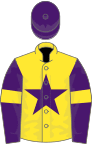 Yellow, purple star, purple sleeves, yellow armlets, purple cap