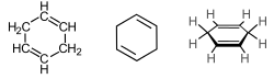 Skeletal formula with all implicit hydrogen shown, skeletal formula; stereo, skeletal formula with all explicit hydrogens added, all of 1,4-cyclohexadiene