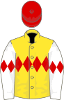 Yellow, red triple diamond, white sleeves, red diamond armbands, red cap